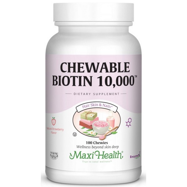 Maxi Health Chewable Biotin 10,000 Kosher Supplement 100 Strawberry Chewable Tablets